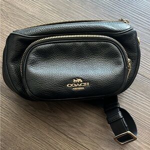 Coach Black Leather Belt Bag with Gold Zipper Accents